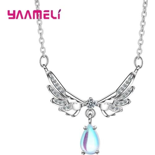 Women Girl Angel Wings 925 Sterling Silver Jewelry Moonstone Clavicle Chain Korean Style Pendant Necklace for Party Wedding