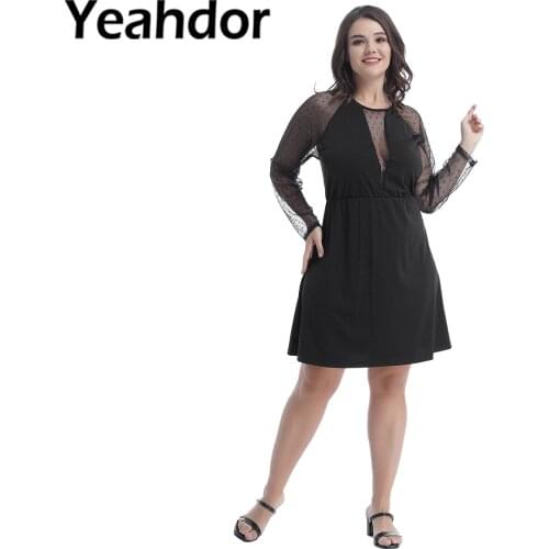 Plus Size Women Lace Patchwork Casual Dresses Long Sleeve with Lace Spliced High Waist Mini Dress for Casual Office Party Street