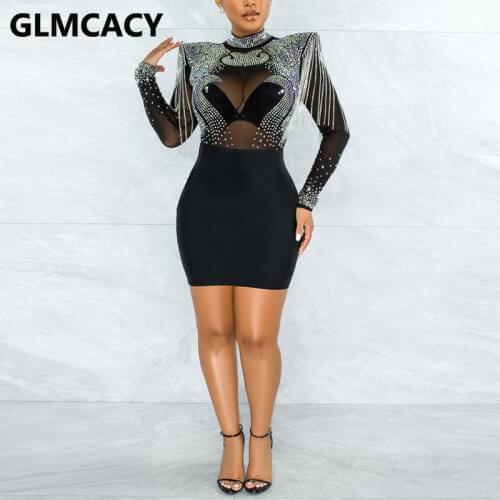 Women Long Sleeve Mesh Diamond Embellished Bodycon Dress Sexy Evening Party Mini Dress