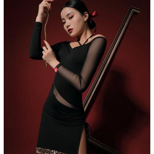 Latin Dance Dress New Female Adult Sexy Mesh Long Sleeve Dress Professional Performance Clothes Woman Practice Dresses DWY4611