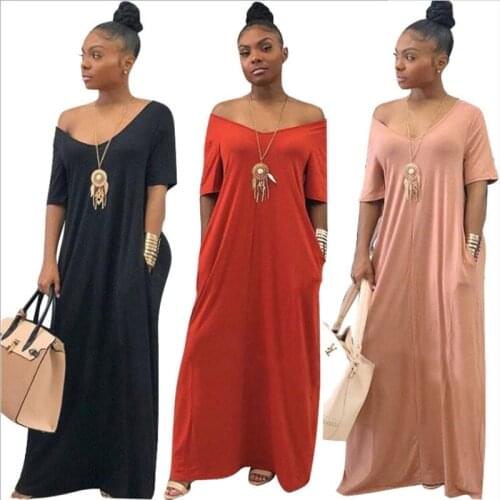 Summer Sexy Deep V Neck Womens Midi Dress Fashion Casual Loose Solid Short Sleeve Pocket Plus Size Ladies Maxi Dress 2021 Basic