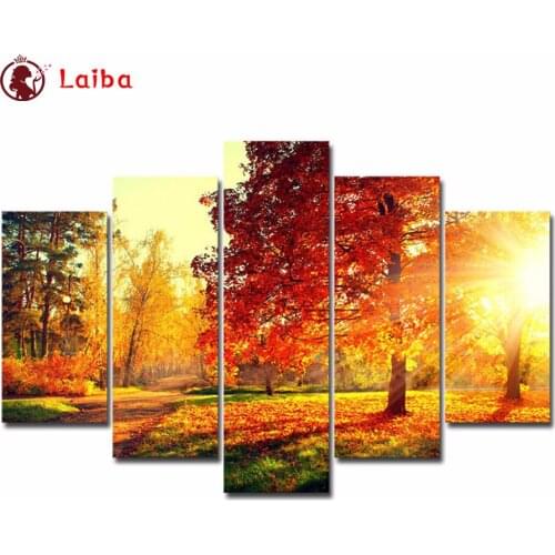 2021Diamond Painting Natural landscape, sunset forest trees and fallen leaves Full square Rhinestone of Picture Diamond mosaic