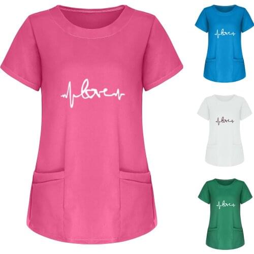 2021 Nurse Uniform Nursing Overalls Women Short Sleeve O-neck /V-neck Blouse Workwear Pocket Printed Tops медицинская одеж q5