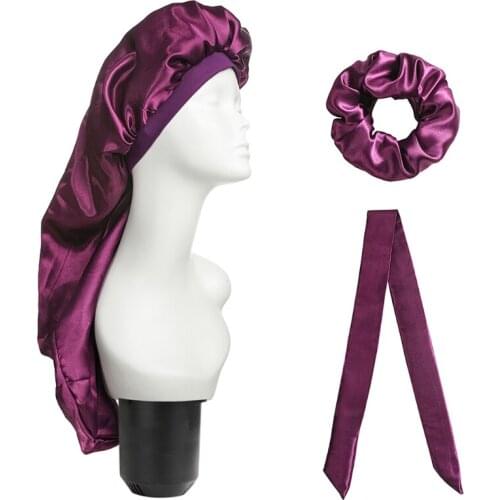3pcs Satin Bonnet Sleep Cap with Hair Tie Scrunchies Headband Set Solid Color Extra Large Long Silky Night Hat Headwrap