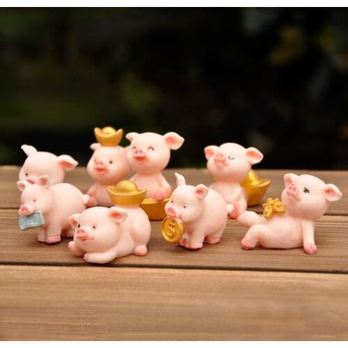 8PCS Cartoon Animal Figures with Gift Box Lucky Pig Home Decoration Accessories Fairy Garden Desk Decoration Birthday Present