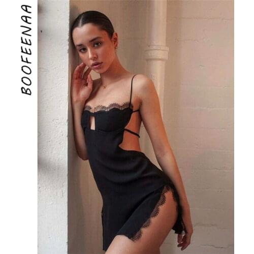 BOOFEENAA Sexy Backless Split Mini Dresses for Women 2021 Summer Club Outfits Black Cut Out Lace Trim Bodycon Dress C83-BG11