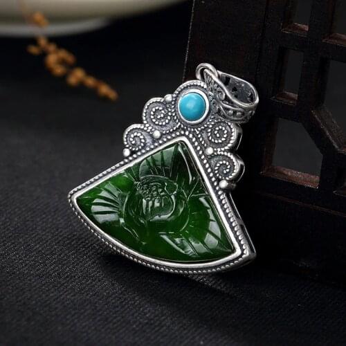 Fine silver inlaid hetian jade turquoise lotus restoring ancient ways women wholesale high-grade sweater chain pendant