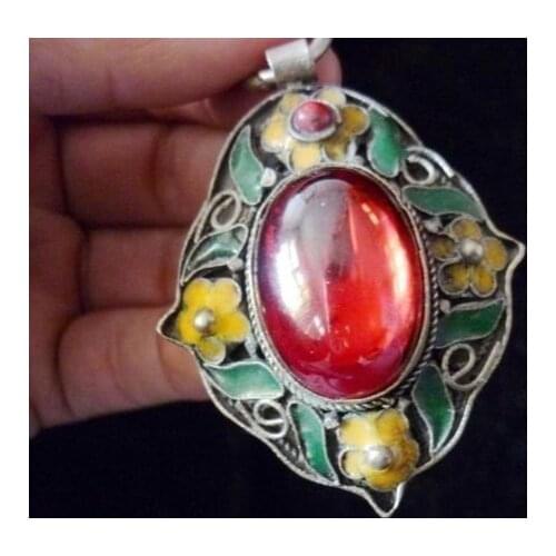 Exquisite Ancient Chinese Miao silver cloisonne pendant inlaid with artificial red zircon
