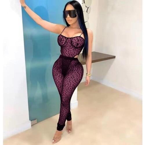 2021 High Quality New Design Mesh Jumpsuits Print Spaghetti Strap Summer Sexy Night Club Bodycon Rompers