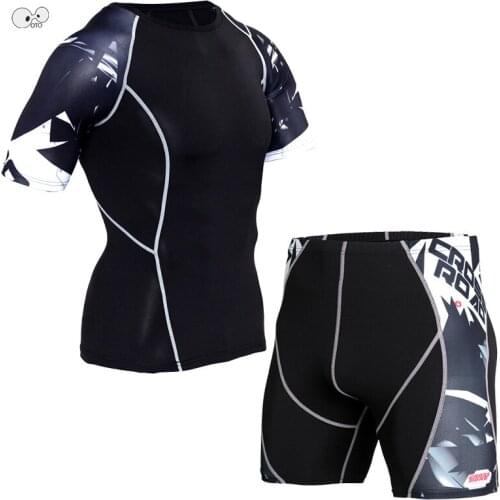 Two Piece Set Men Short Sleeve Compression Running Suits Men 3D Printed Gym Fitness Tights Quick Dry Running T Shirt And Shorts