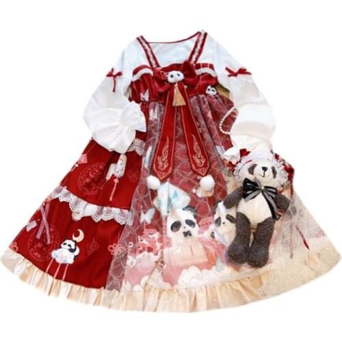 Round Panda Lanterns Day Festival Theme Womens Lolita Long Sleeve Dress & Red Bear Ear Hat Cape Red Cute Girl