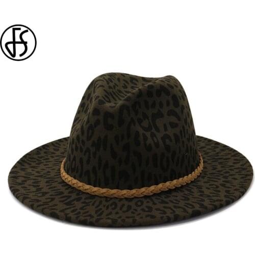 FS Women Vintage Wide Brim Felt Fedora Hats Leopard Print Men Wool Panama Jazz Cap Khaki Army Green Wine Red Beige Gray Hat