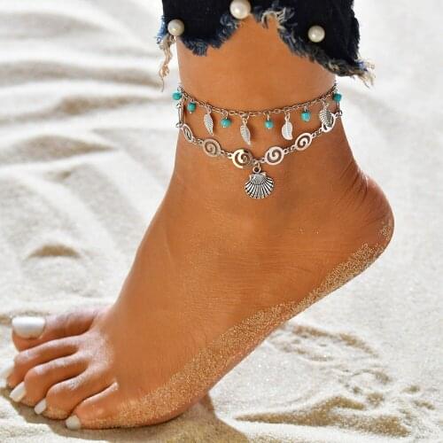 DoreenBeads Hot New Summer Style Fashion Ocean Beach Anklets Chain Tassel Blue Beads Leaf Shell Lotus Wave Pendant Gift,1 Set