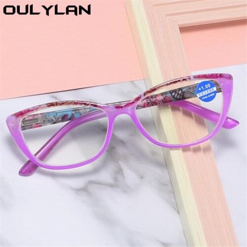 Oulylan Cat Eye Reading Glasses Women Blue Light Blocking Presbyopic Glasses Ladies Fashion Printing Hyperopia Diopter +1.5
