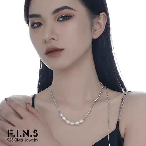 F.I.N.S Unique Original Design S925 Sterling Silver Baroque Pearl Necklace Hand Made Square Zircon Winding Bead Chain Necklace