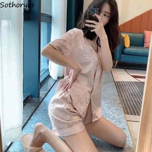 Summer Women Pajama Sets Silky Leopard button up Square Collar Soft Underwear Pink Sweet Loose Casual Chic Teens Printed Retro