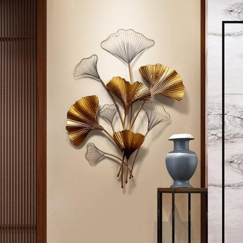 New Chinese Wrought Iron Wall Hanging Ginkgo Pendant Wall Decoration Hotel Home Livingroom Wall Background Ornament Mural Crafts