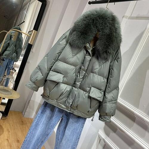 FTLZZ New Winter Women 90% White Duck Down Fox Fur Collar Puffer Jacket Casual Loose Thick Warm Parker Snow Outwear