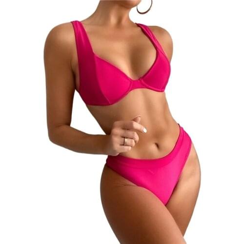 Sexy Rose Red Push Up Bikini Underwire High Cut Leg Swimsuit Women Swimwear Swim Beach Wear Bathing Suit For Woman