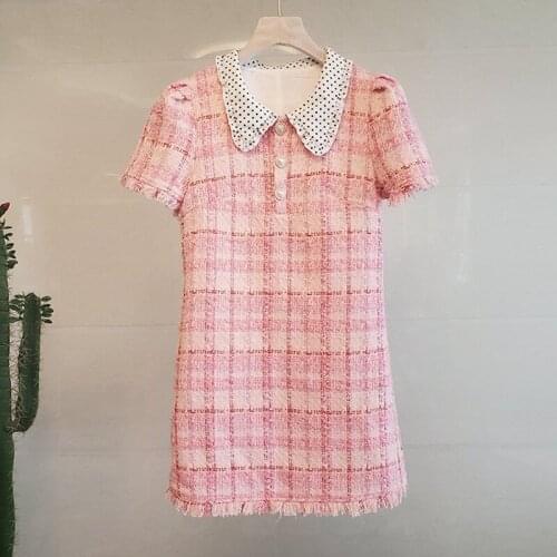 Chic Womens Sweet A-line dress 2020 Autumn peter pan collar tassels plaid tweed dress C267