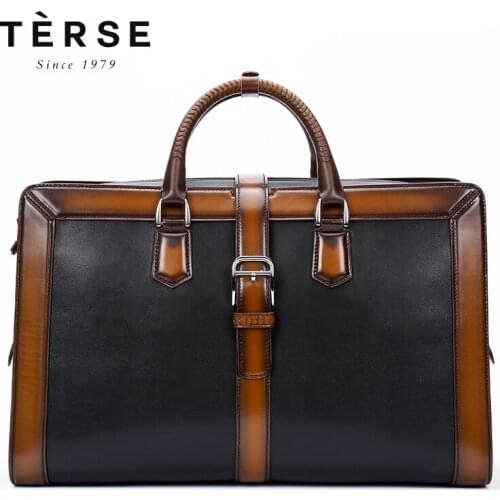 TERSE 2018 New Handbags For Men Handmade Genuine Leather Large Capacity Bag for Vintage Patchwork Zipper Bag Totes 9713