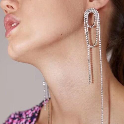 Lady Silver Color Rhinestone Crystal Long Tassel Wedding Earrings for Women Bridal Drop Dangling Earrings Brincos Jewelry