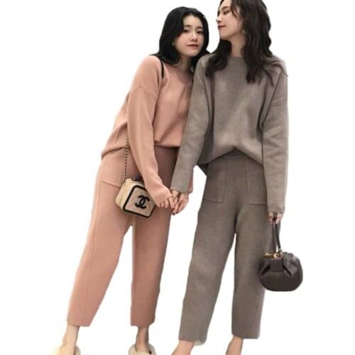 Autumn Winter New Women Two Piece Set Fashion Slim Knit Goddess 2 Piece Suit Loose Casual Tops Harem Pants Female Tracksuit
