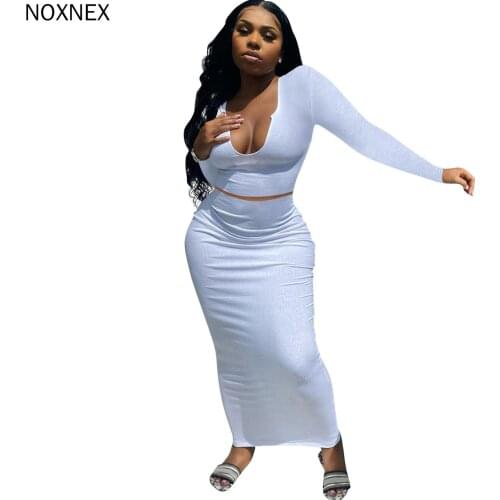 NOXNEX Ribbed Knitted Women Pure Long Sleeve Midi Suit Skirt V Neck Bodycon Sexy Streetwear Party Elegant Slim Clothe 2021NEW