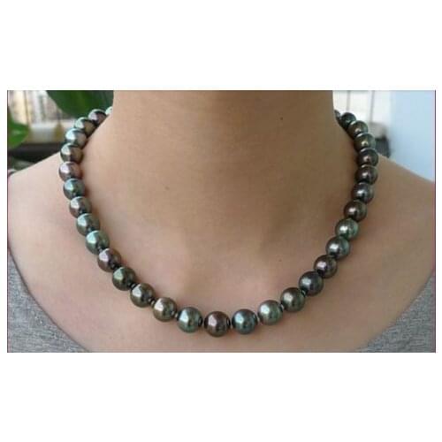 Free shipping stunning AAA10- 11mm natural peacock green pearl necklace