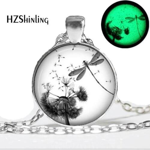Glow in the dark Dragonfly Necklace Dandelion Necklace Dragonfly Jewelry,Art picture Glowing Necklace Pendant