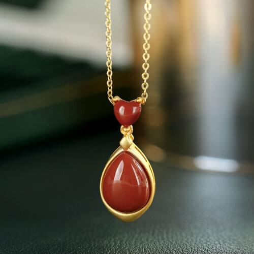 SNew Silver Inlaid Natural Hotan Yunan Red Agate Pendant Lady Necklace Water Drop Chinese Retro Style Brand Jewelry