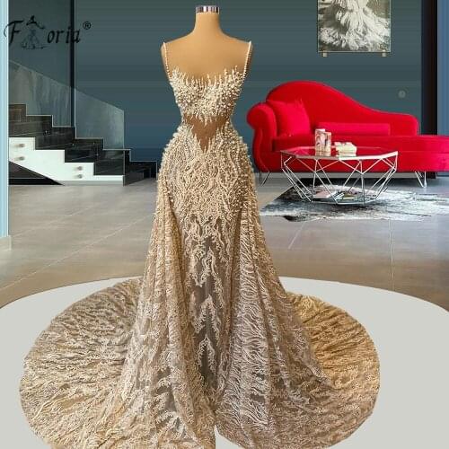 Dubai Beaded Pearls Lace Wedding Dress 2021 Luxury Muslim Mermaid Detachable Train Evening Formal Dresses Women Robes Formales