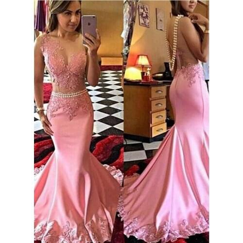 Pink Mermaid Evening Dresses Long Jewel Neckline Sleeveless Lace Appliques Hand-Beaded Pink Evening Dress Formal Gowns Vestidos