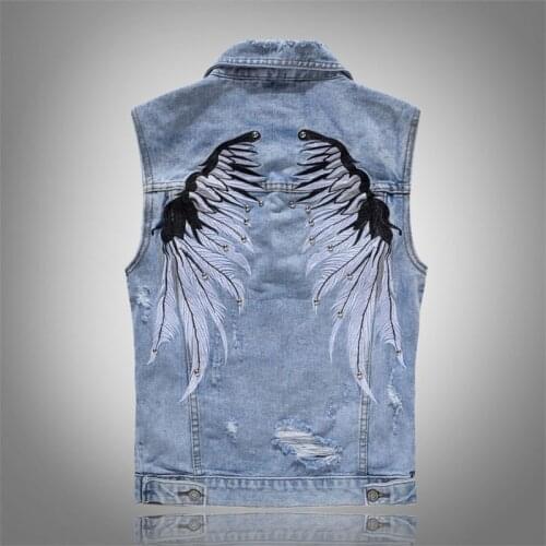 Hot New Mens Ripped Denim Vests with Wings Embroidery Hi Street Distressed Denim Sleeveless Jacket Waistcoat Plus Size M-5XL