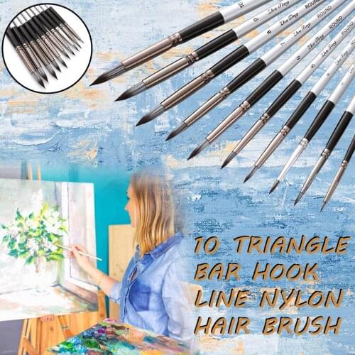 10Pcs Paint Brush Pen Nylon Hair Wooden Handle Painting Brushes Tool Watercolor Acrylic Flat&Tip Paint Kit Painting Supplies