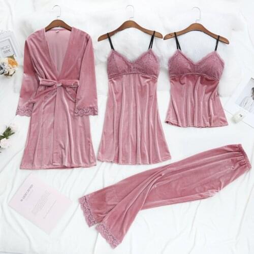 4 Pcs Velour Pajamas Sets For Women Gold Velvet Warm Winter Pyjama Femme V-Neck Sexy Sleepwear Soft Lingerie Nightwear