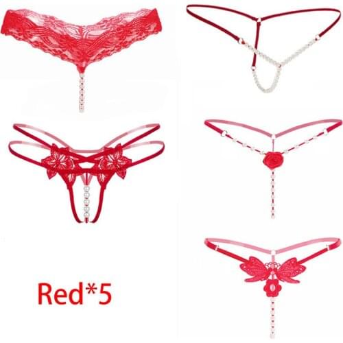 5 Pieces Sexy String Lace Underwear Women Panties Women G String T-back Thong Transparent Lingerie Cute with Pearls Panties