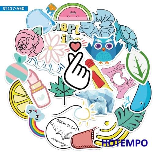 50pcs Cute Blue Yellow Pink Style Simple Pattern Mixed Decal Stickers Pack for Kids DIY Stationery Phone Laptop Suitcase Sticker