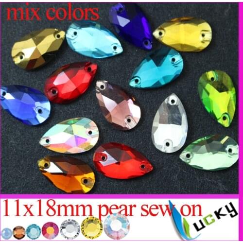 72pcs MIX colors 11x18mm pear shape sew on crystals with two holes flat back rhinestones