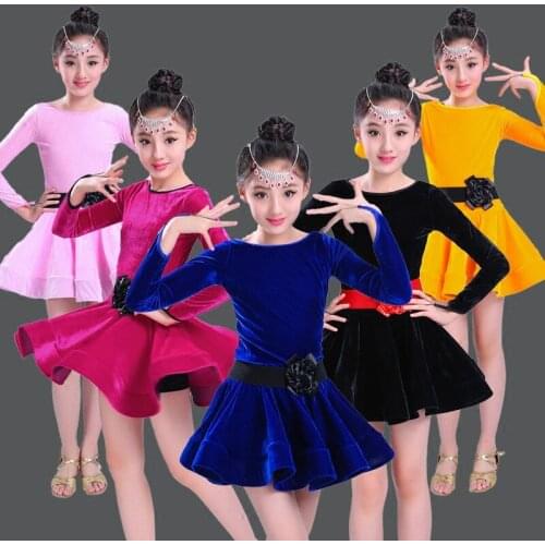 Velvet Long Sleeves Standard Girl Latin Dance Dress Children Ballroom Dance Dresses Kids Salsa Rumba Cha Cha Samba Tango Dress