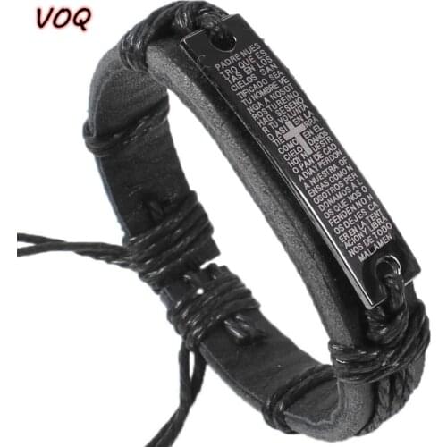 Metal Bible Verse Charm Lettering Cross Bracelet for Men Prayer Quotes Adjustable Leather Bracelets Bangles Religious Jewelry