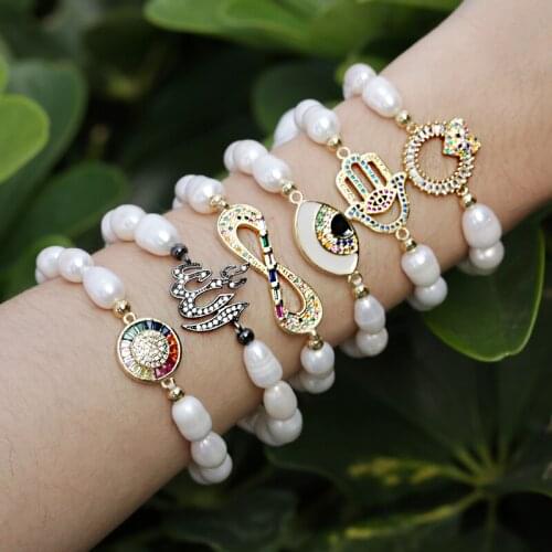5 pcs/lot natural freshwater pearl beaded bracelet with charm evil-eye protection paved color zircon for woman girl jewelry gift