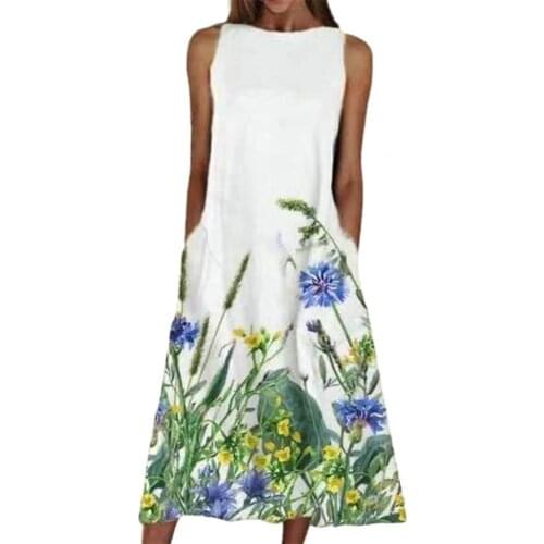Elegant Women Floral Print Sleeveless A-Line Round Neck Midi Long Dress Pockets Sleeveless Women Sundress Beach faldas largas