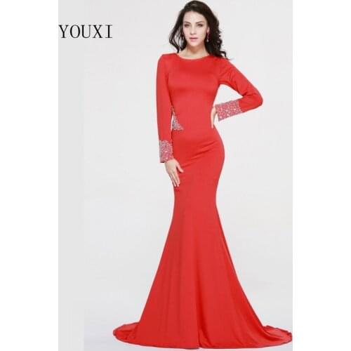 Elegant Long Sleeves Evening Dresses 2019 New Beaded Crystal Red Mermaid Formal Red Prom Gowns FED27