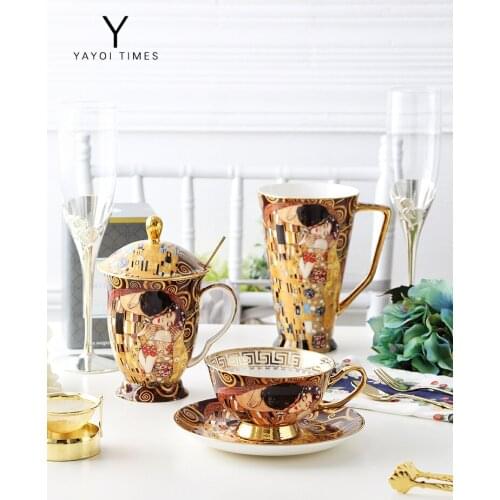 Klimt Famous Painting Bone China Coffee Cup and Saucer Afternoon Tea Mug European Light Luxury Cup