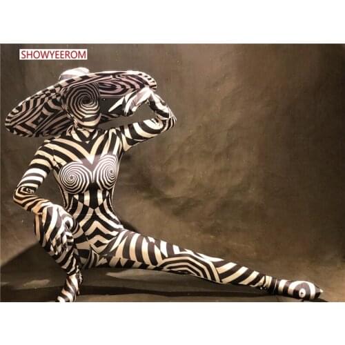 Cartoon zebra play pattern Sexy Stage Dance Wear Jumpsuit Big Hat Performance Bodysuit Outfit Costume Team Dancer Clothing Set
