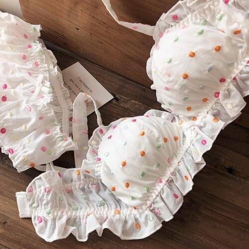 Sweetheart Color Dot Girl Retro Lingerie Set Pure Cotton Cloth Ruffled Triangle Cup Underwear Set White Women Wire Free Bralette