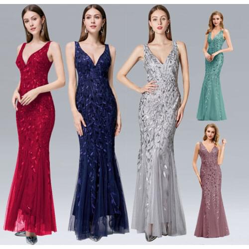 Beauty Emily V Neck Strapless Evening Dresses Silver Appliques Tulle Mermaid Dress Pleated Zipper Open Back Vestido de noche