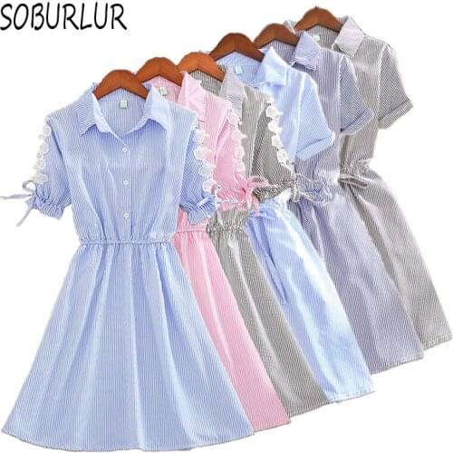 Short Sleeve Dresses Women Summer Office Lady Shirt Dress Polo Collar Stripe A-line High Waist Fashion Knee-Length Dress Female
