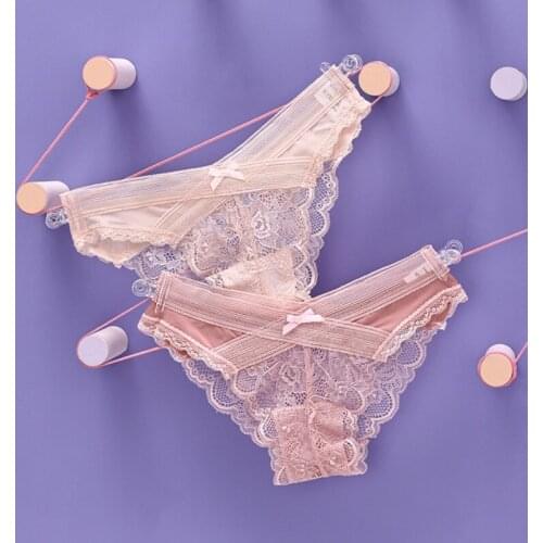 Hot 5pcs/lot Breathable Sexy Lace Briefs Fashion Transparent Low Waist Hollow Floral Bow Full Girl Underwear Girls Thong